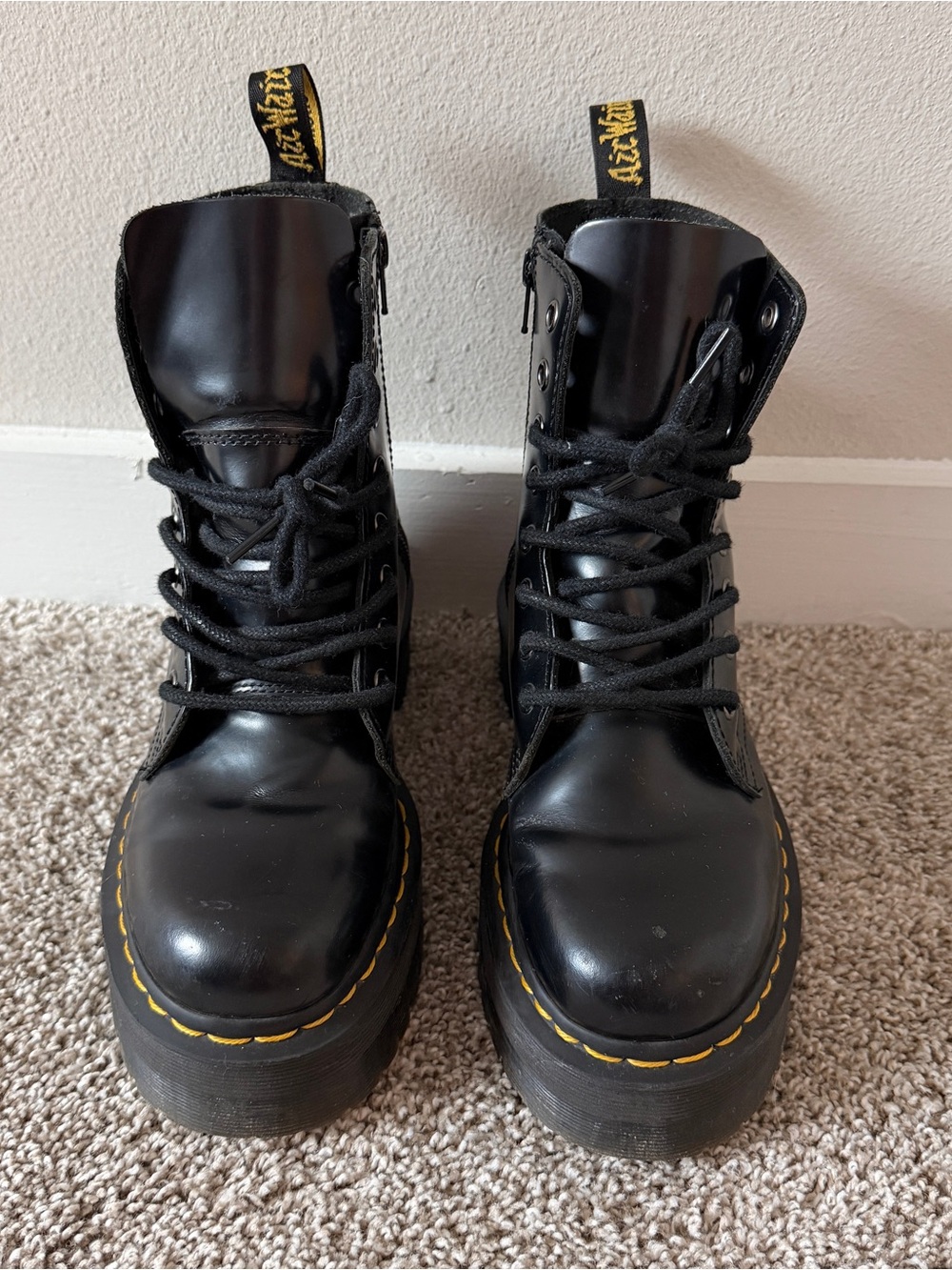 Dr. Martens Black Platform Lace-Up Boots with Yellow Stitching